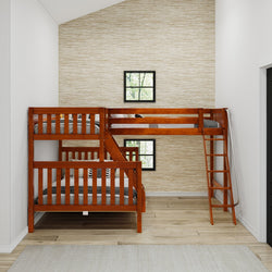 Wooden L-shaped bunk bed in a modern bedroom with two small windows.