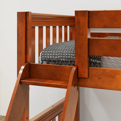 Wooden bunk bed ladder with striped gray and black bedding.