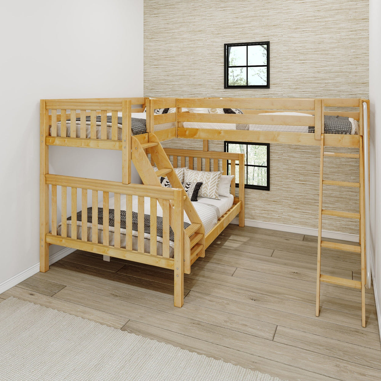 Wooden L-shaped bunk bed with ladder in modern bedroom interior design.