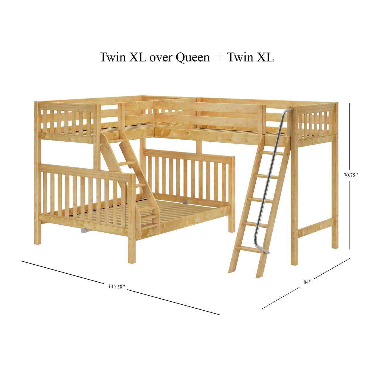 Wooden Twin XL over Queen plus Twin XL bunk bed frame with dimensions.