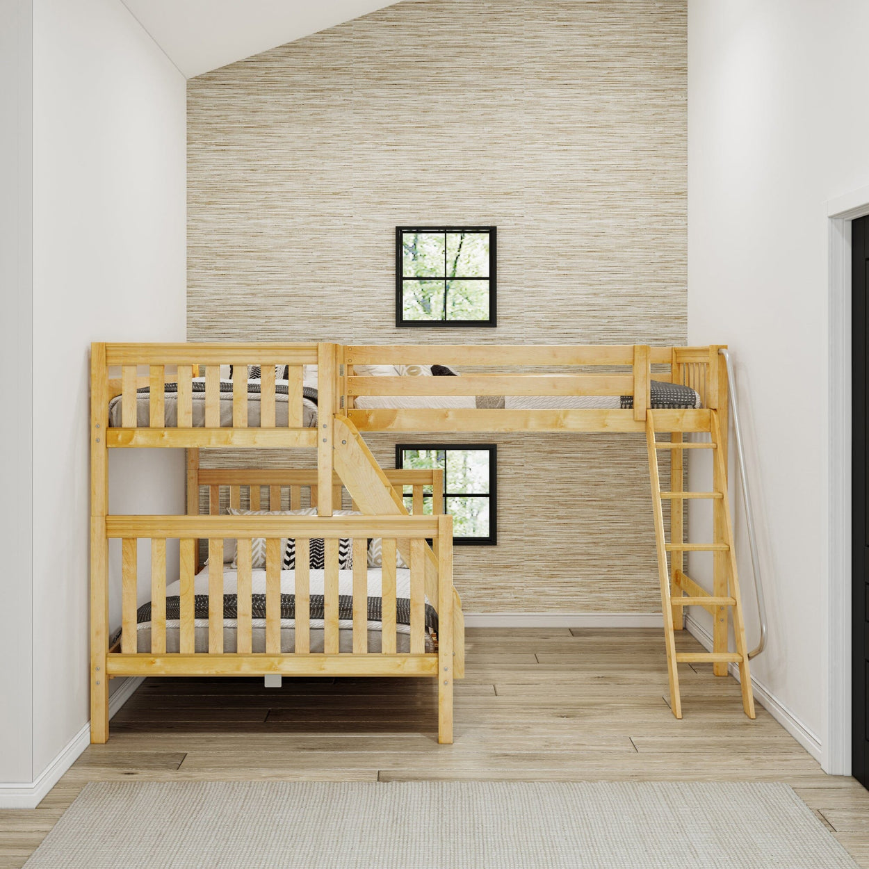 Wooden bunk bed in modern bedroom with beige textured walls.