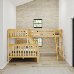 Wooden bunk bed in modern bedroom with beige textured walls.