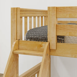 Wooden bunk bed ladder with slatted guardrail and checkered bedding for kids' room furniture.