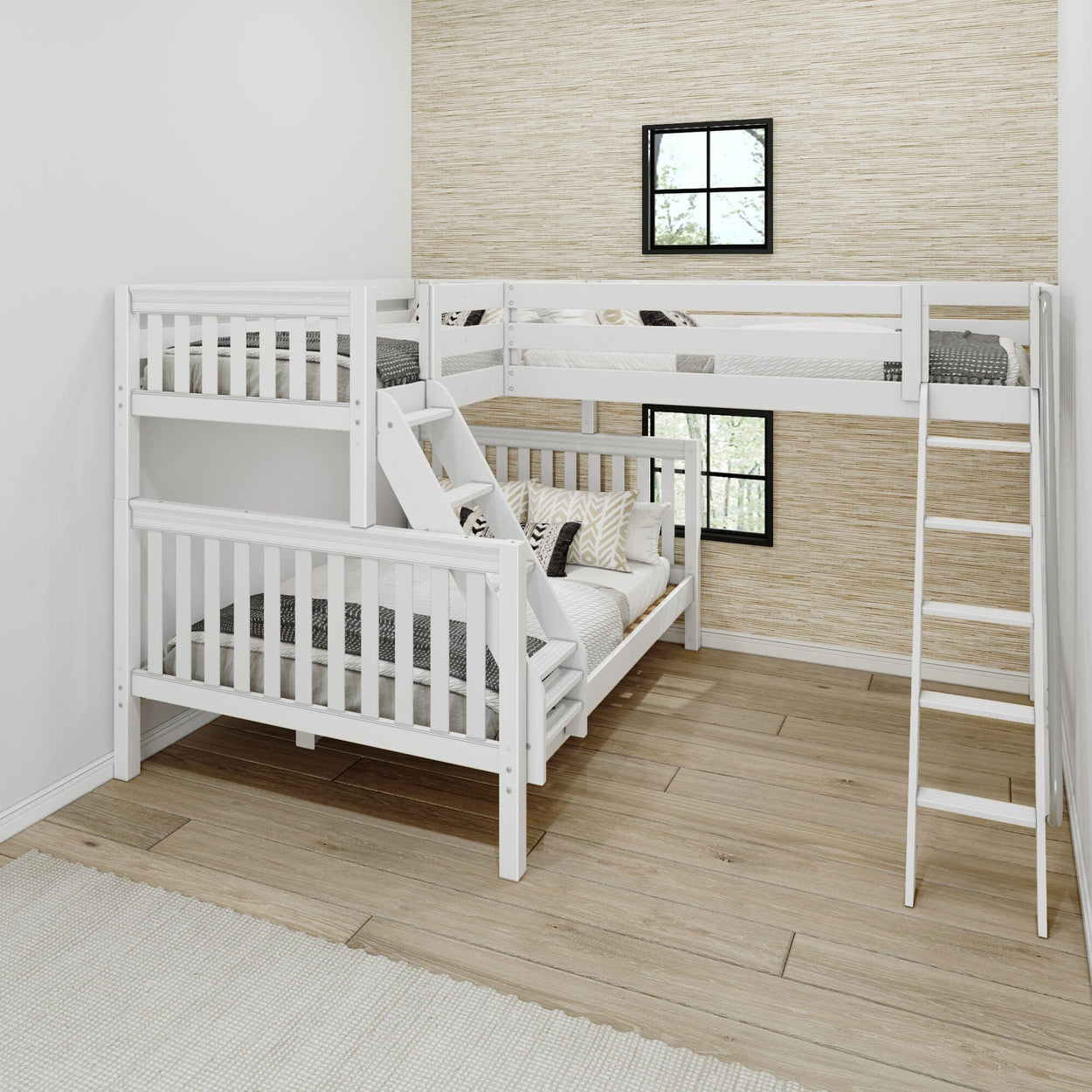 White triple bunk bed in a modern bedroom with wooden flooring and two small windows.