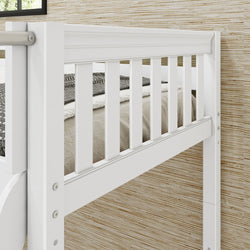 White wooden bunk bed with a safety railing in a cozy bedroom setting.