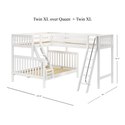 White triple bunk bed frame featuring a Twin XL over Queen and Twin XL design with ladder and safety rails, dimensions provided.