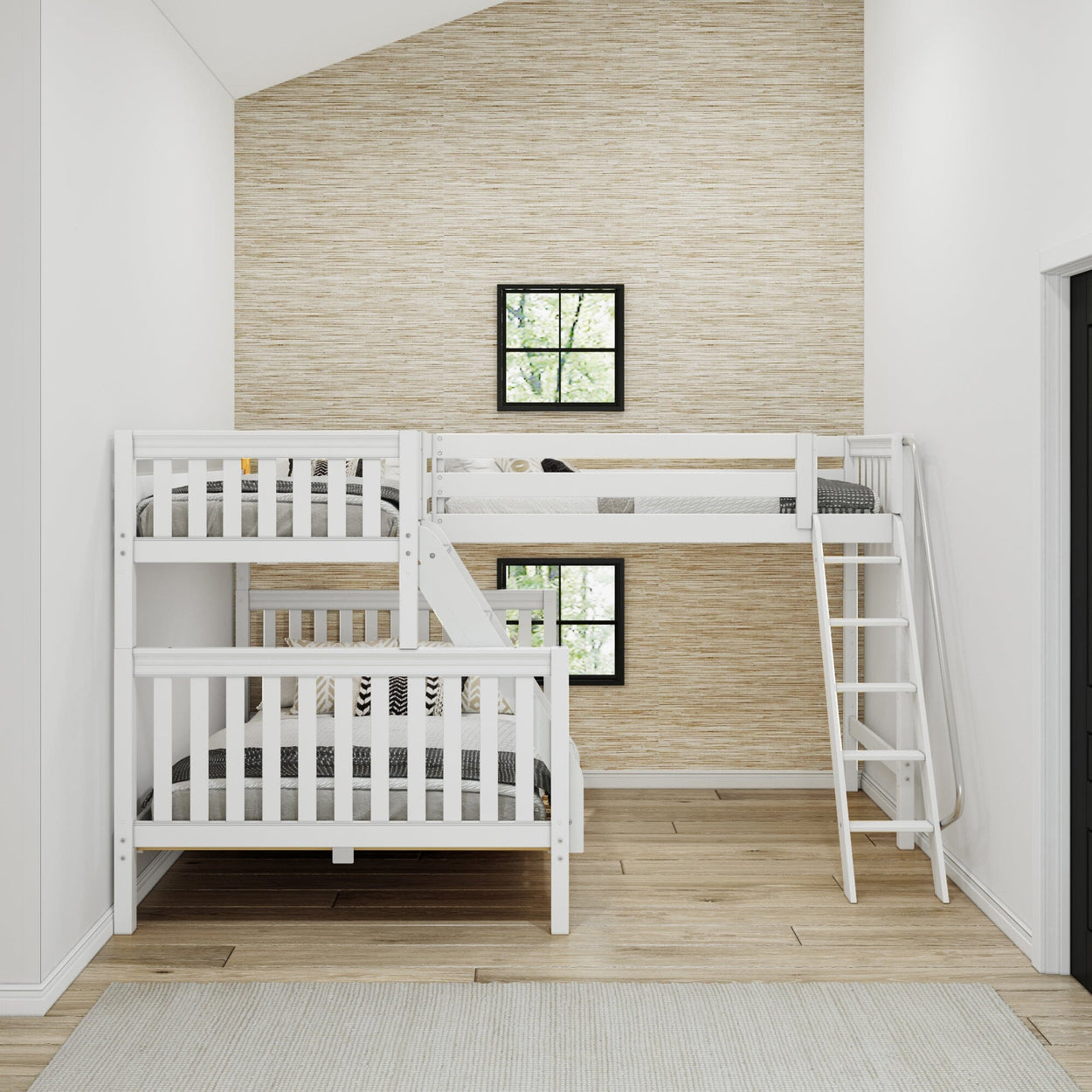 White wooden loft bed with ladder in modern bedroom with beige textured walls and wooden flooring.
