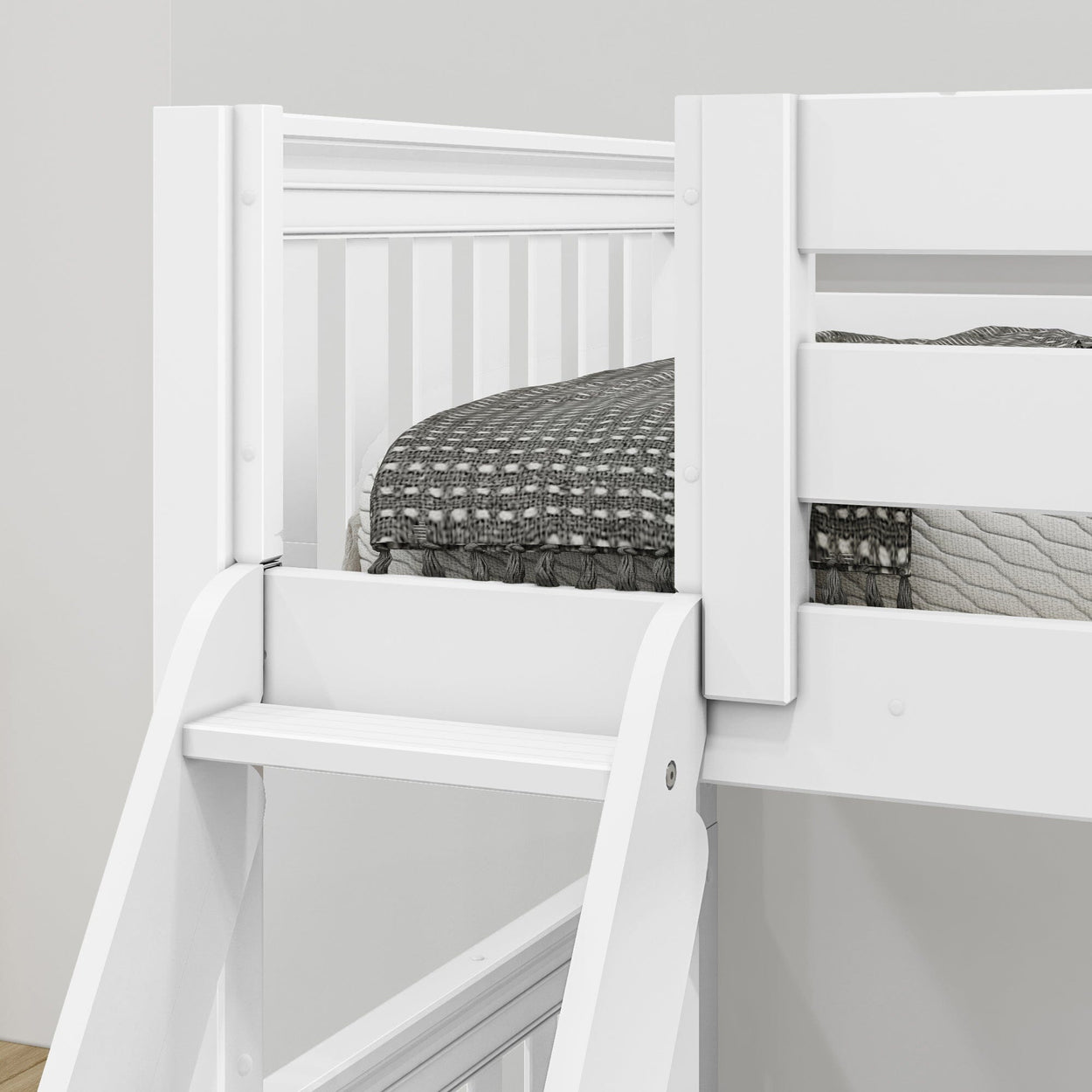 White bunk bed with gray bedding and an attached ladder in a modern bedroom setting.