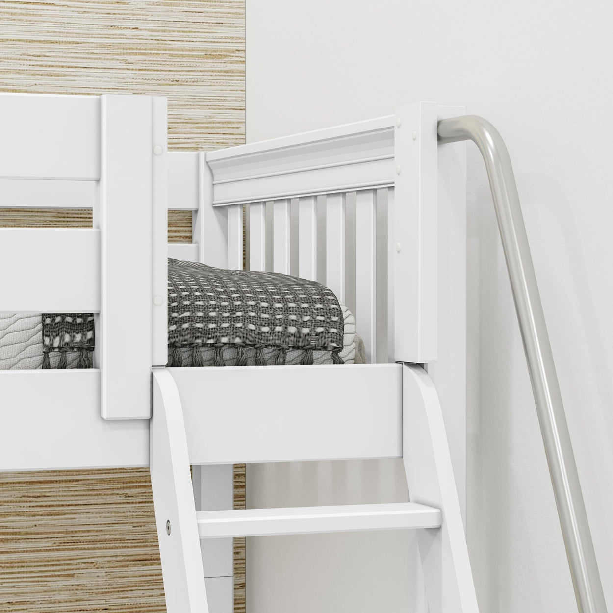 White wooden bunk bed with ladder and checkered bedding in modern bedroom.