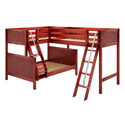Red wooden L-shaped bunk bed with ladder and safety rails for modern kids' room.