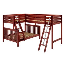 Wooden L-shaped bunk bed with ladder and safety rails for kids' room furniture.