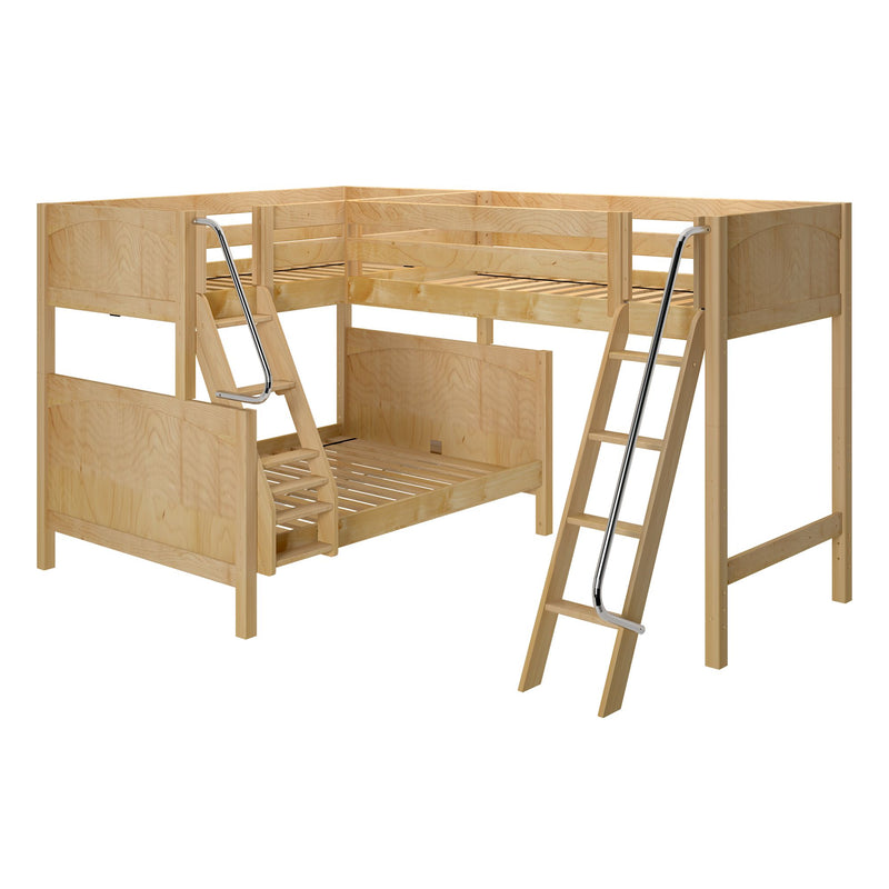 L-shaped natural wood loft bunk bed with upper bunk and lower bed, two ladders and safety rails — space-saving kids' bedroom furniture