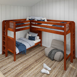 L-shaped wooden bunk bed with blue bedding and a gray bean bag chair in a cozy bedroom setting.