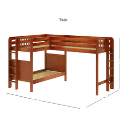 Cherry wood twin loft bed with L-shaped design, two ladders, and safety rails for kids.