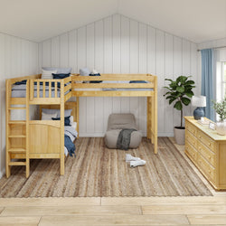 Stylish kids' bedroom with wooden loft bed, cozy seating, and natural light.