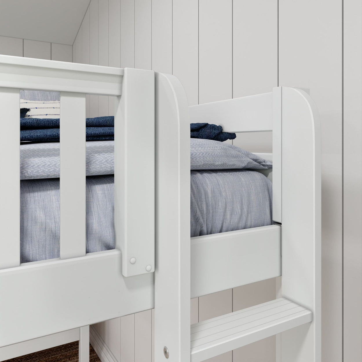 White bunk bed with blue linens and striped cushion, showcasing modern bedroom furniture with wood panel backdrop.