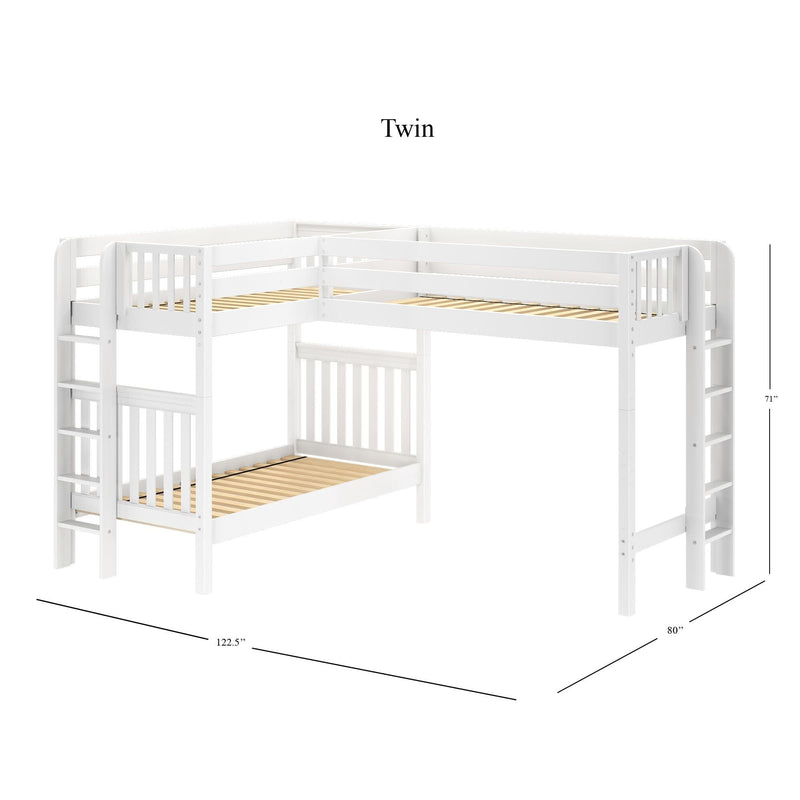 White L-shaped twin loft bunk bed with twin-over-twin layout, safety guardrails, dual ladders and wood slat support — space-saving kids bedroom furniture, 122.5" x 80" x 71