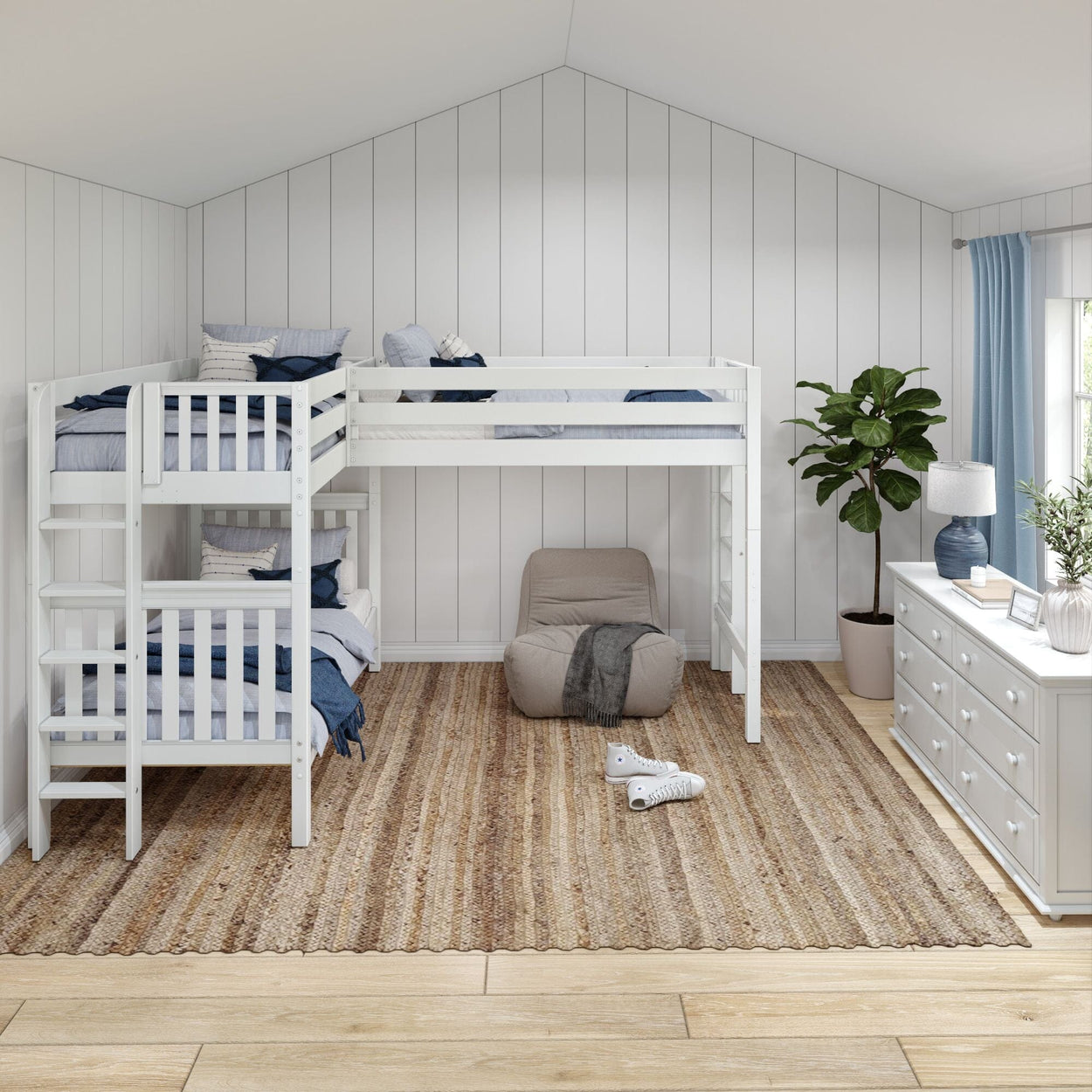 White wooden loft bunk bed in a cozy modern bedroom with natural light, striped bedding, and a large indoor plant.