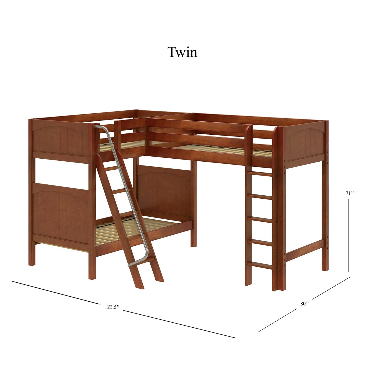 Twin size wooden L-shaped loft bunk bed with ladder and dimensions.