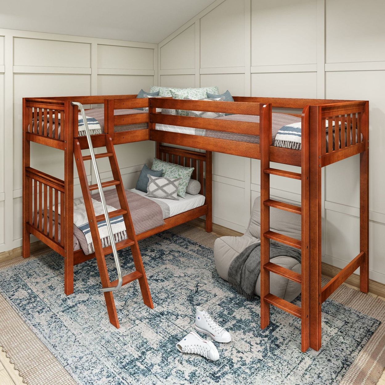 Rustic wooden loft bunk bed with cozy bedding, ladder, and modern decor.