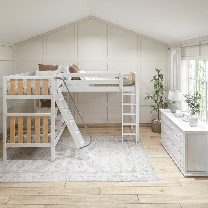 Bright modern kids bedroom with white wooden loft bunk bed and ladder, twin beds with neutral bedding, white dresser, indoor plants and large sunlit window
