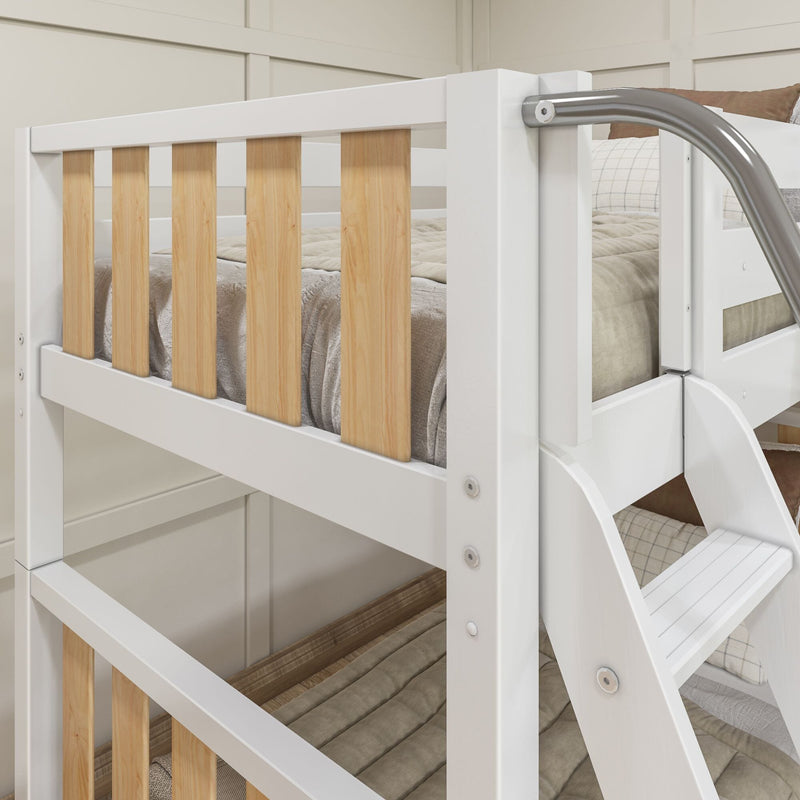 White wooden twin-over-twin bunk bed with natural wood slats, integrated staircase and metal handrail in modern kids' bedroom.