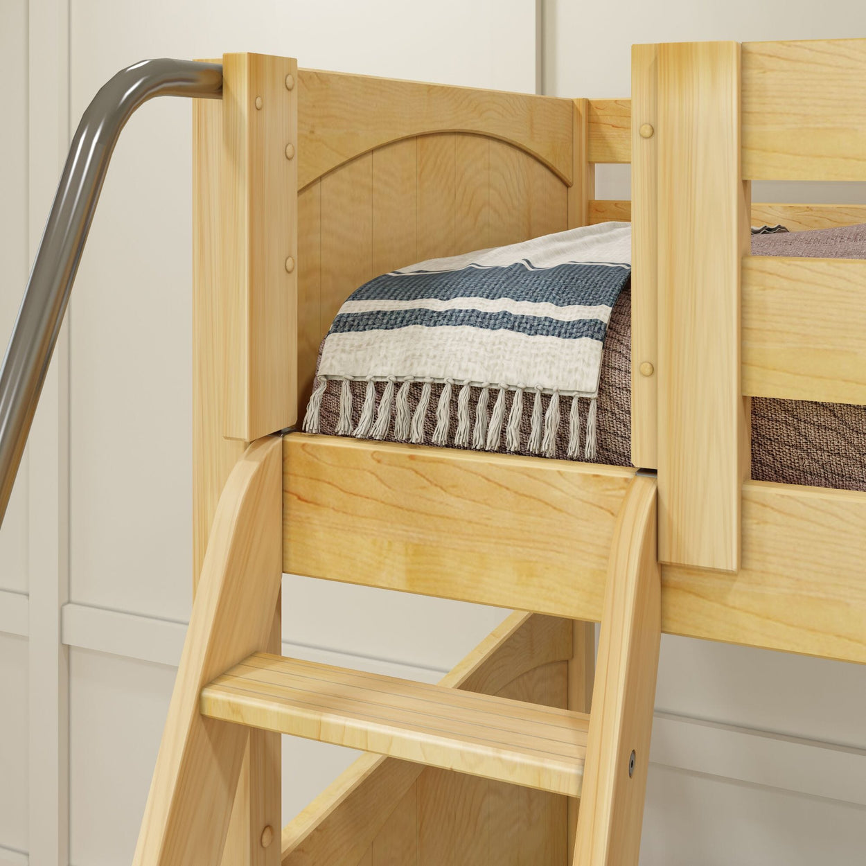 Wooden bunk bed with a striped blue and white blanket and ladder in a modern bedroom.