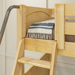 Wooden bunk bed with a striped blue and white blanket and ladder in a modern bedroom.