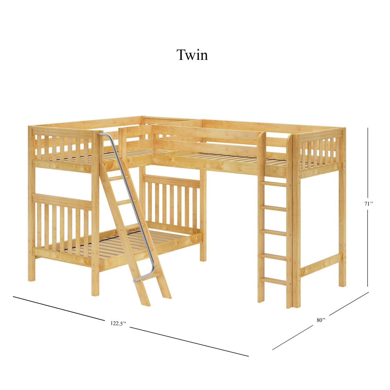 L-shaped wooden twin loft bunk bed with slatted guardrails and attached ladder, dimensions 122.5 inches by 80 inches by 71 inches, ideal for maximizing bedroom space.