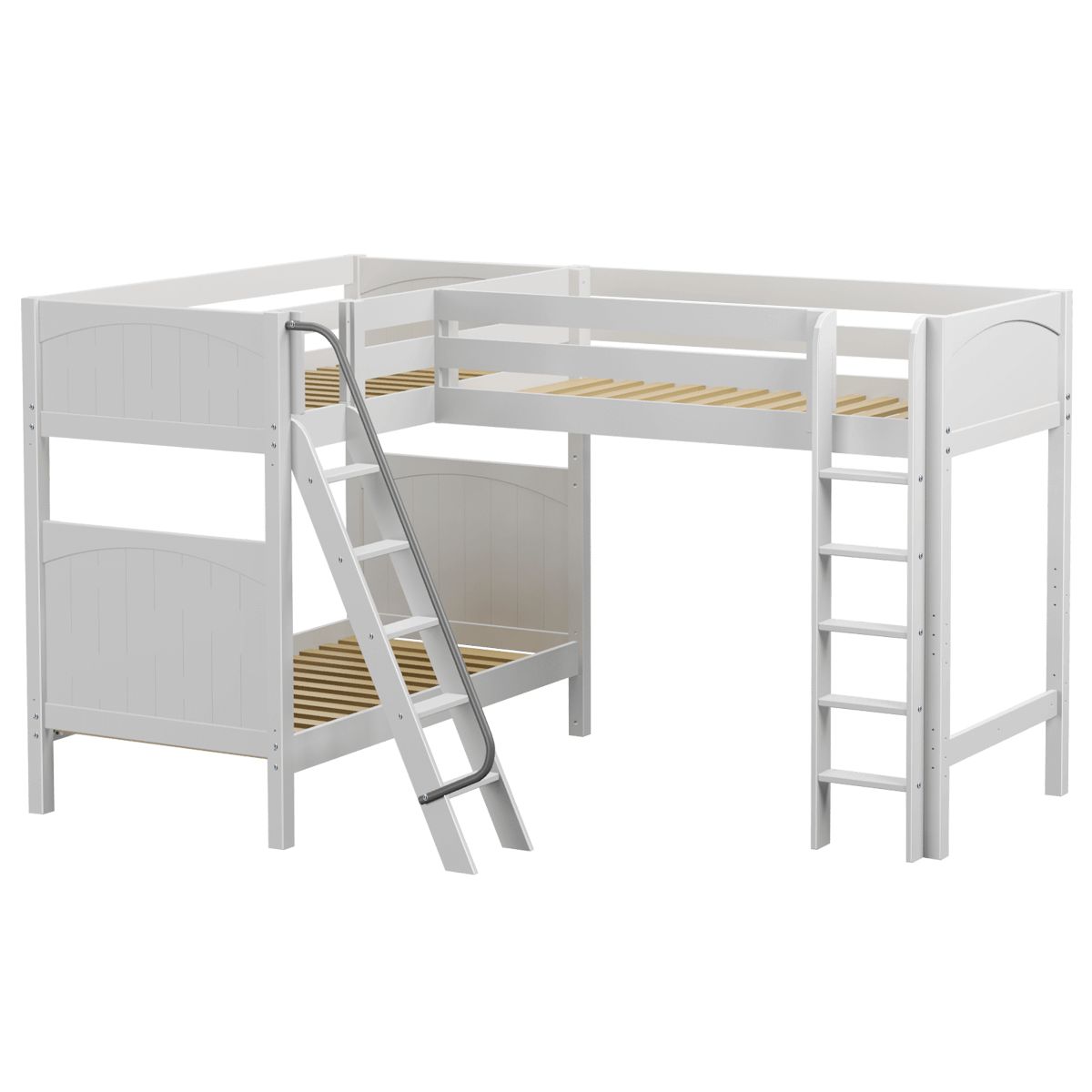 White L-shaped loft bunk bed frame with ladders and wooden slats for kids or teens.