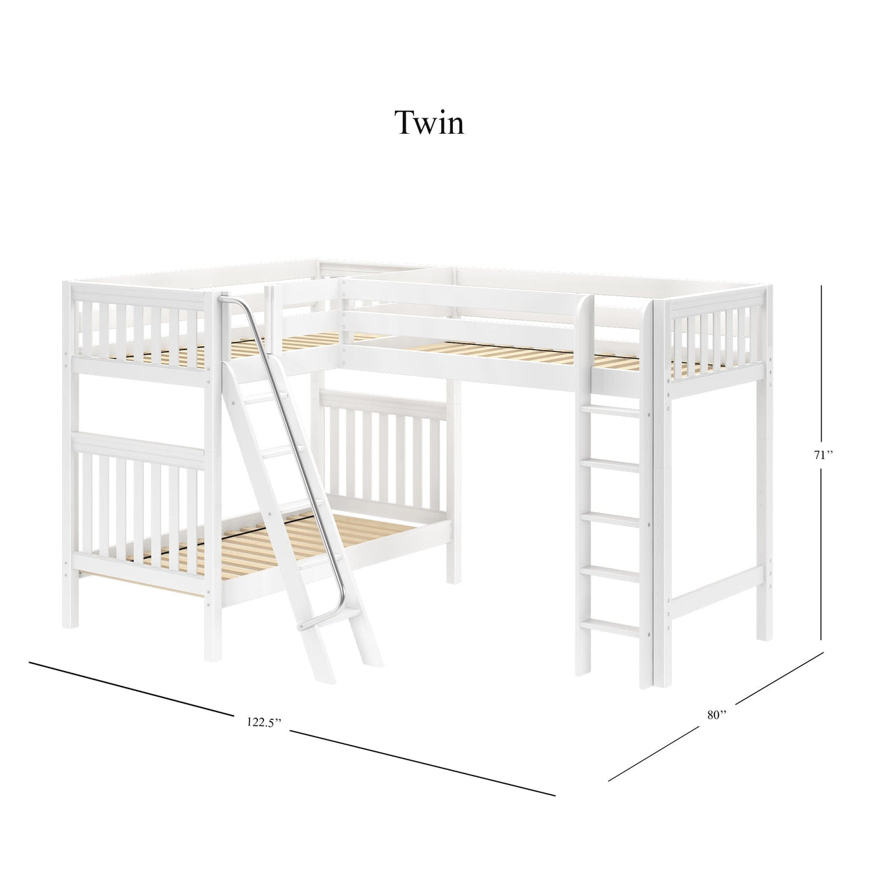 White L-shaped twin loft bed with ladder and slatted design, dimensions 122.5 inches by 80 inches by 71 inches.