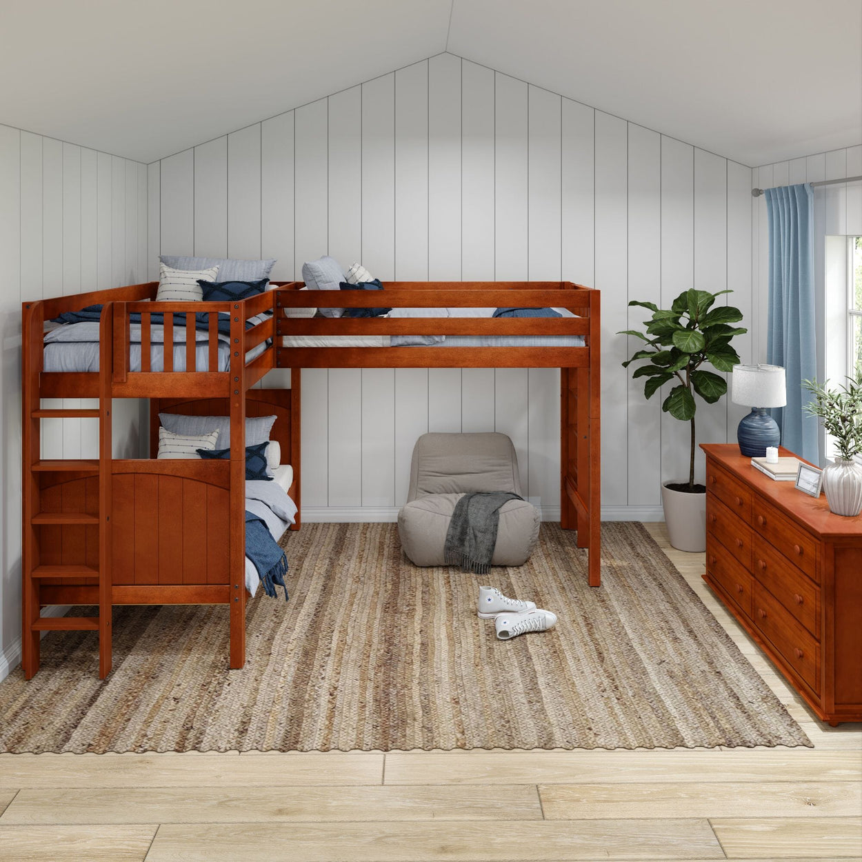 Loft bed with rich wood finish in a cozy bedroom featuring chic decor, perfect for small spaces and modern interior design solutions.