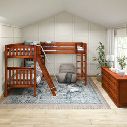 Lofted wooden bunk bed in bright modern bedroom with decorative plants and soft blue rug.