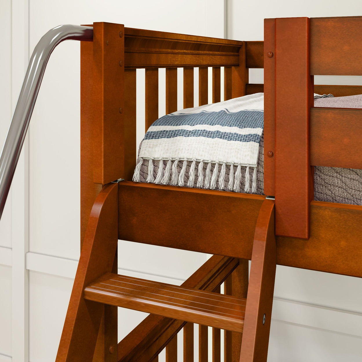 Wooden loft bed with ladder and striped blanket, perfect for small bedroom spaces.