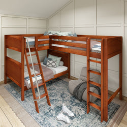 L-shaped wooden bunk bed with ladder in a modern bedroom featuring a patterned rug and gray bean bag chair.