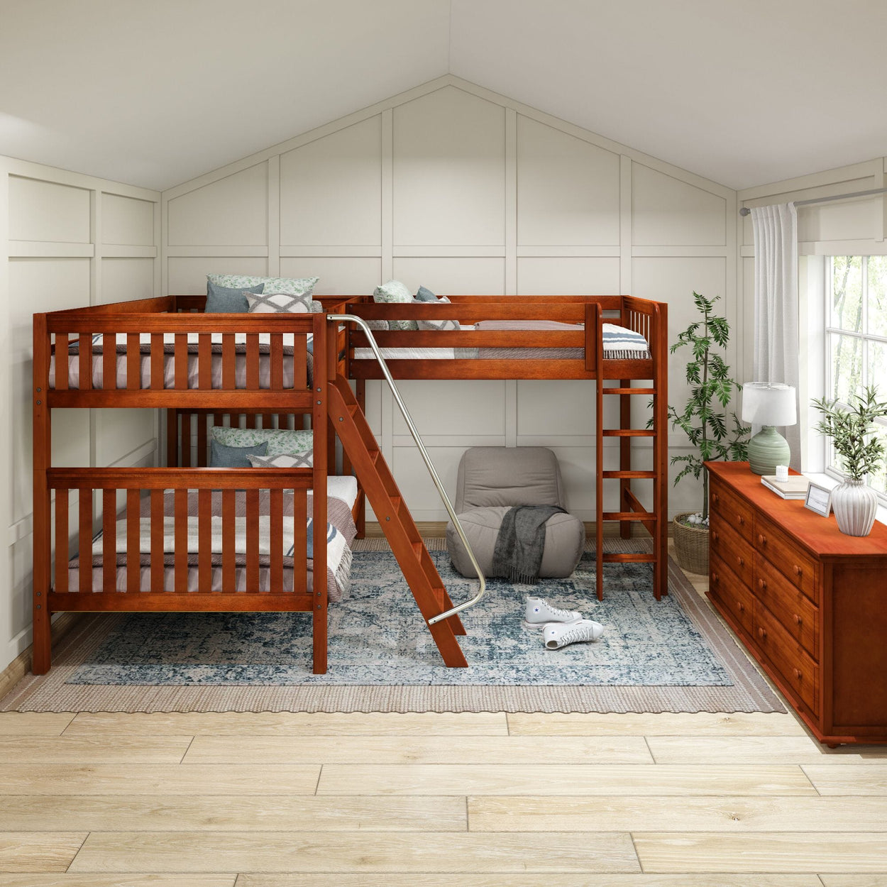 Elegant kids' bedroom with wooden bunk beds, cozy armchair, dresser, and natural light.