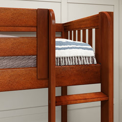 Wooden bunk bed with striped blanket and white tassels, cozy bedroom furniture design.