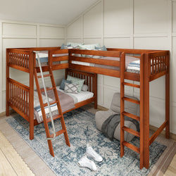 Wooden L-shaped bunk bed with ladder in a modern bedroom setting.