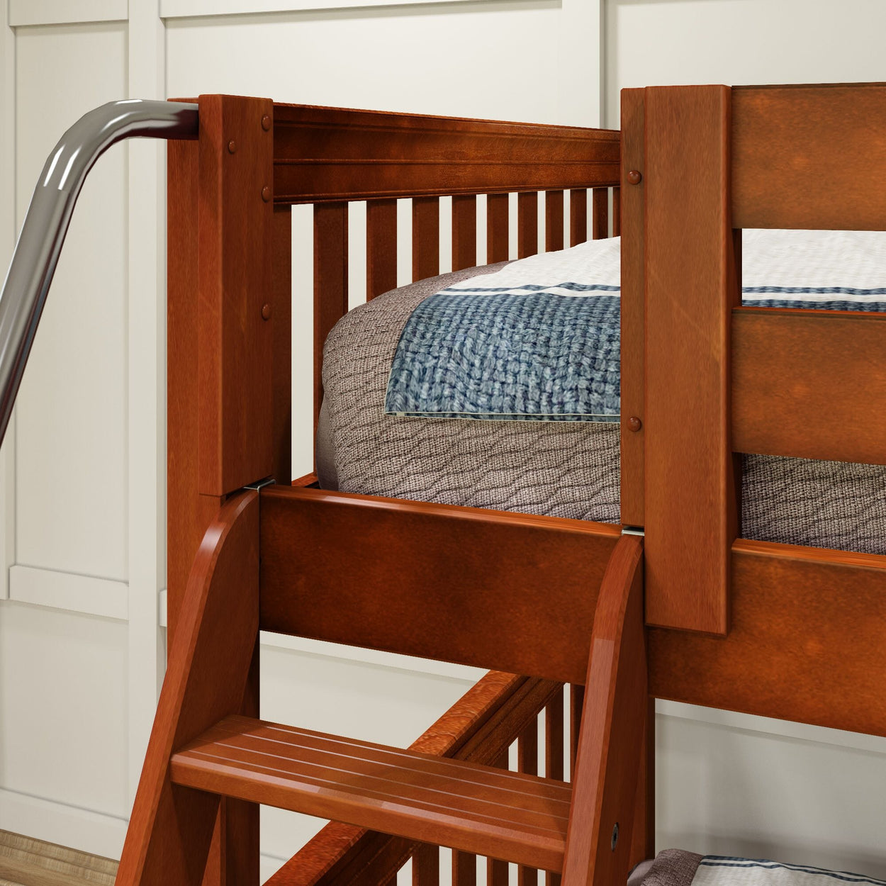 Wooden bunk bed with ladder and cozy bedding in a modern bedroom setting.