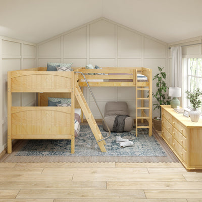 Children's wooden bunk bed in cozy attic bedroom with modern decor.