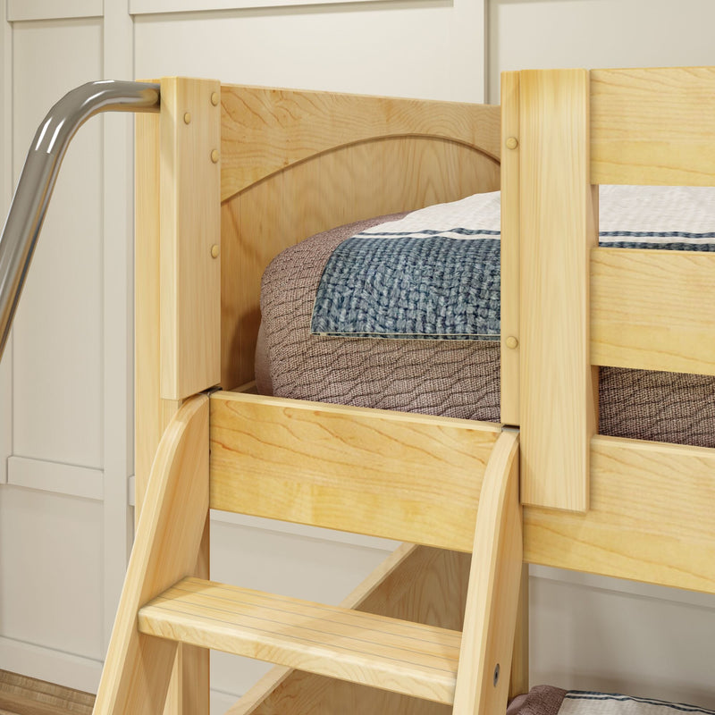 Natural wood bunk bed ladder with built-in storage steps and metal handrail, maple finish beside blue textured blanket on top bunk