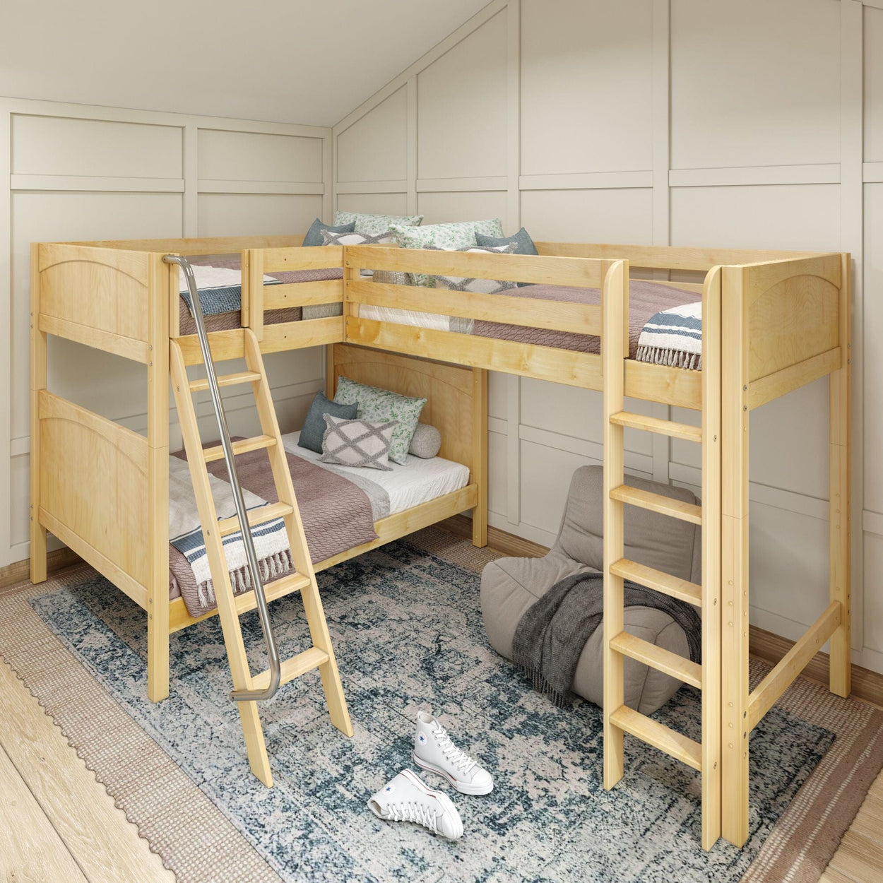 Wooden L-shaped bunk bed with cozy bedding in a modern bedroom setting.