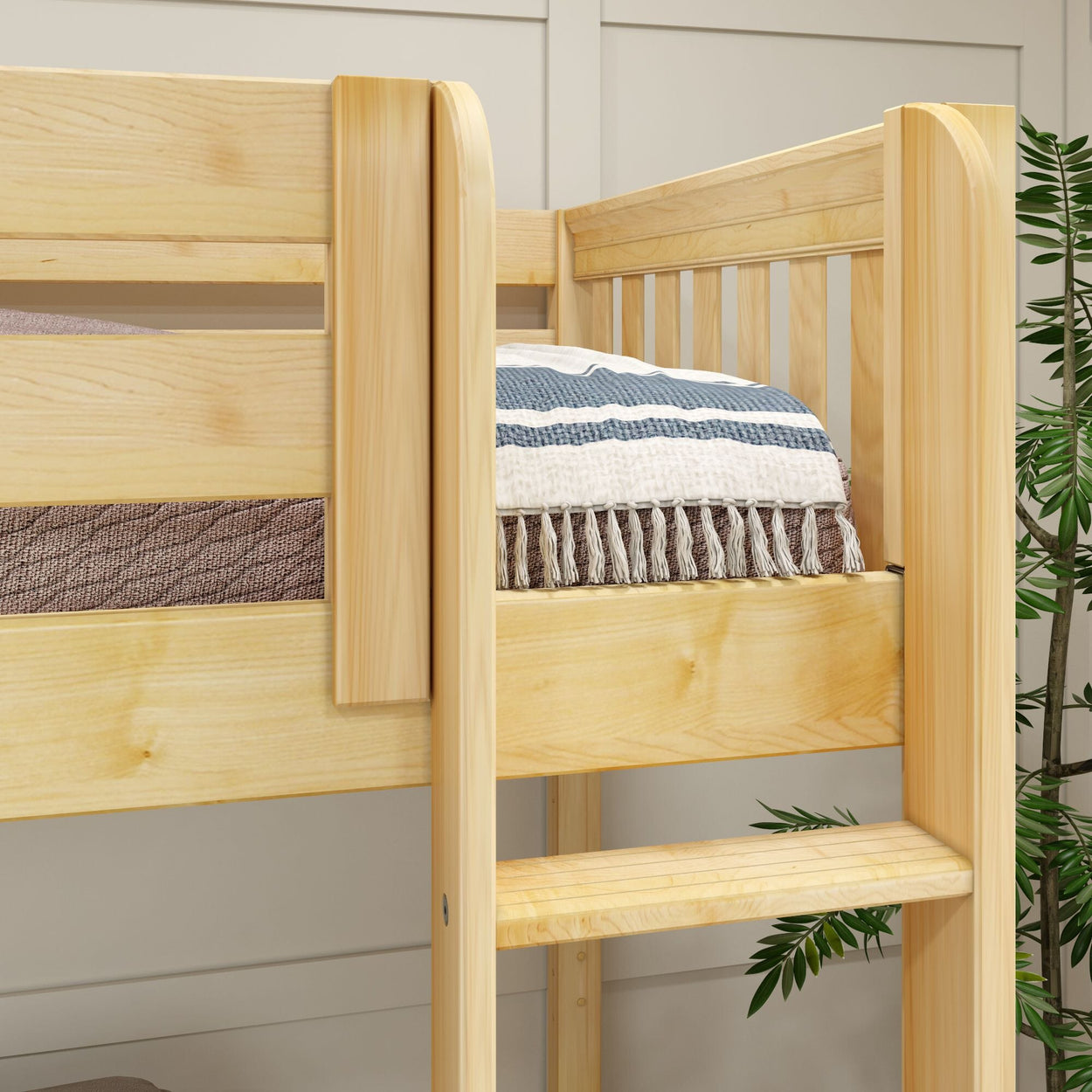 Wooden bunk bed with cozy striped bedding and indoor plant for stylish bedroom decor.