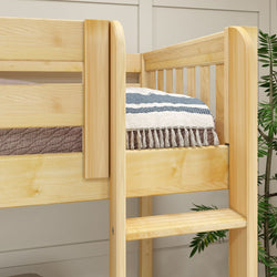 Wooden bunk bed with cozy striped bedding and indoor plant for stylish bedroom decor.