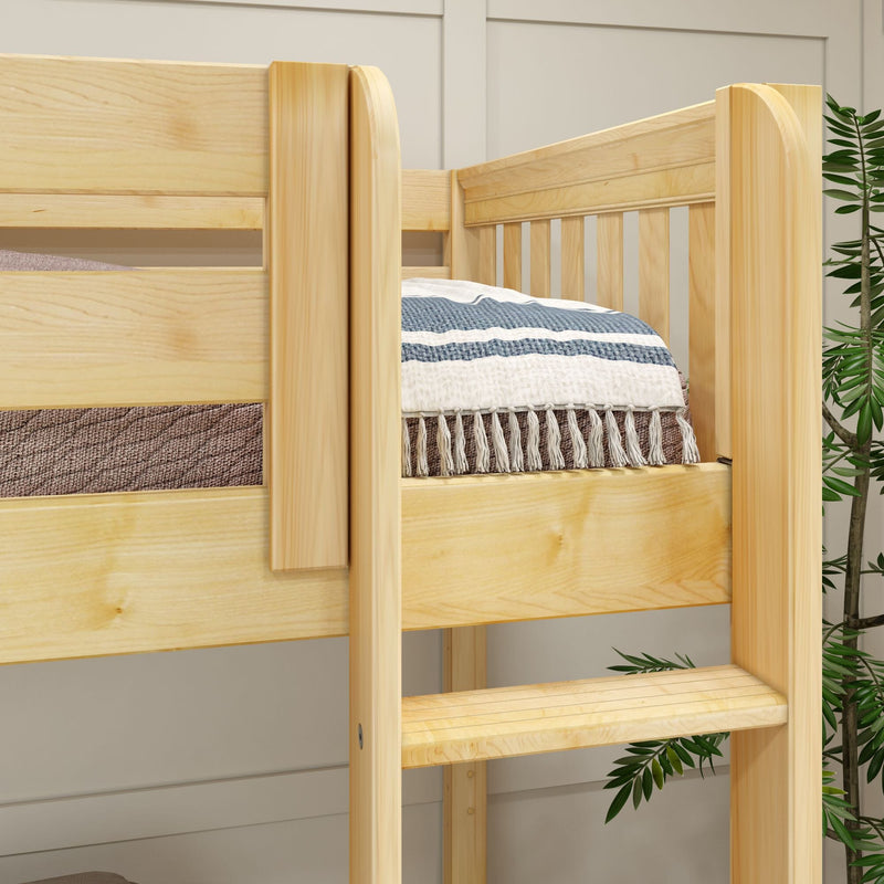 Close-up of solid pine bunk bed ladder and guardrail with blue-striped blanket and tasseled throw in modern kids' bedroom