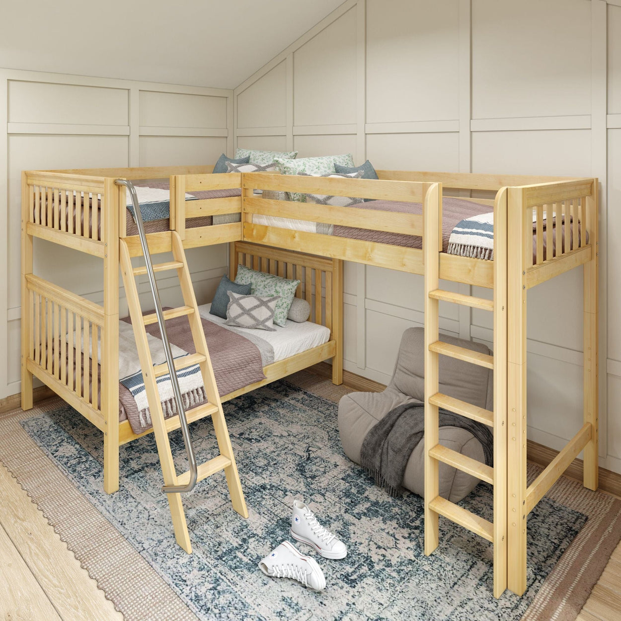 Kids' wooden triple bunk bed with ladders in a cozy bedroom setting, featuring a blue-patterned rug and modern decor.