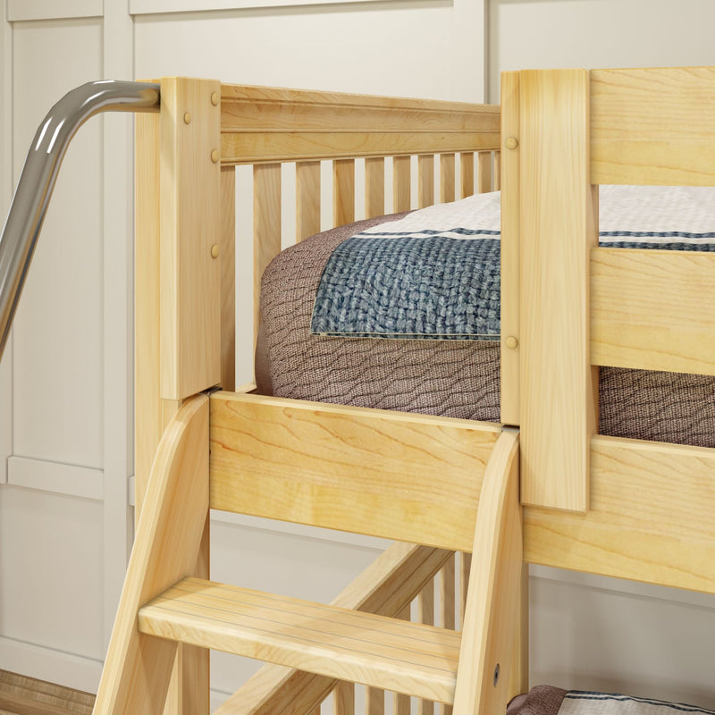 Close-up of natural pine wooden bunk bed ladder and safety rail with blue knitted blanket and brown mattress in a modern kids' bedroom