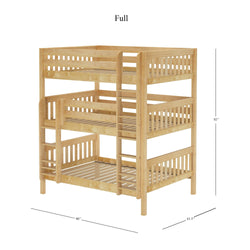 Triple-decker wooden bunk bed with full size dimensions, featuring natural wood finish and side ladder for easy access.