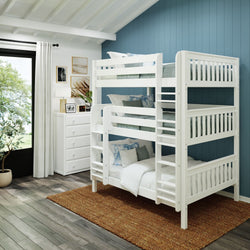 White bunk beds in a stylish blue and white bedroom with hardwood floors and modern decor.