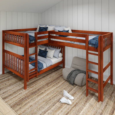 Triple bunk bed with wooden frame in cozy bedroom setting, featuring blue bedding and carpet.